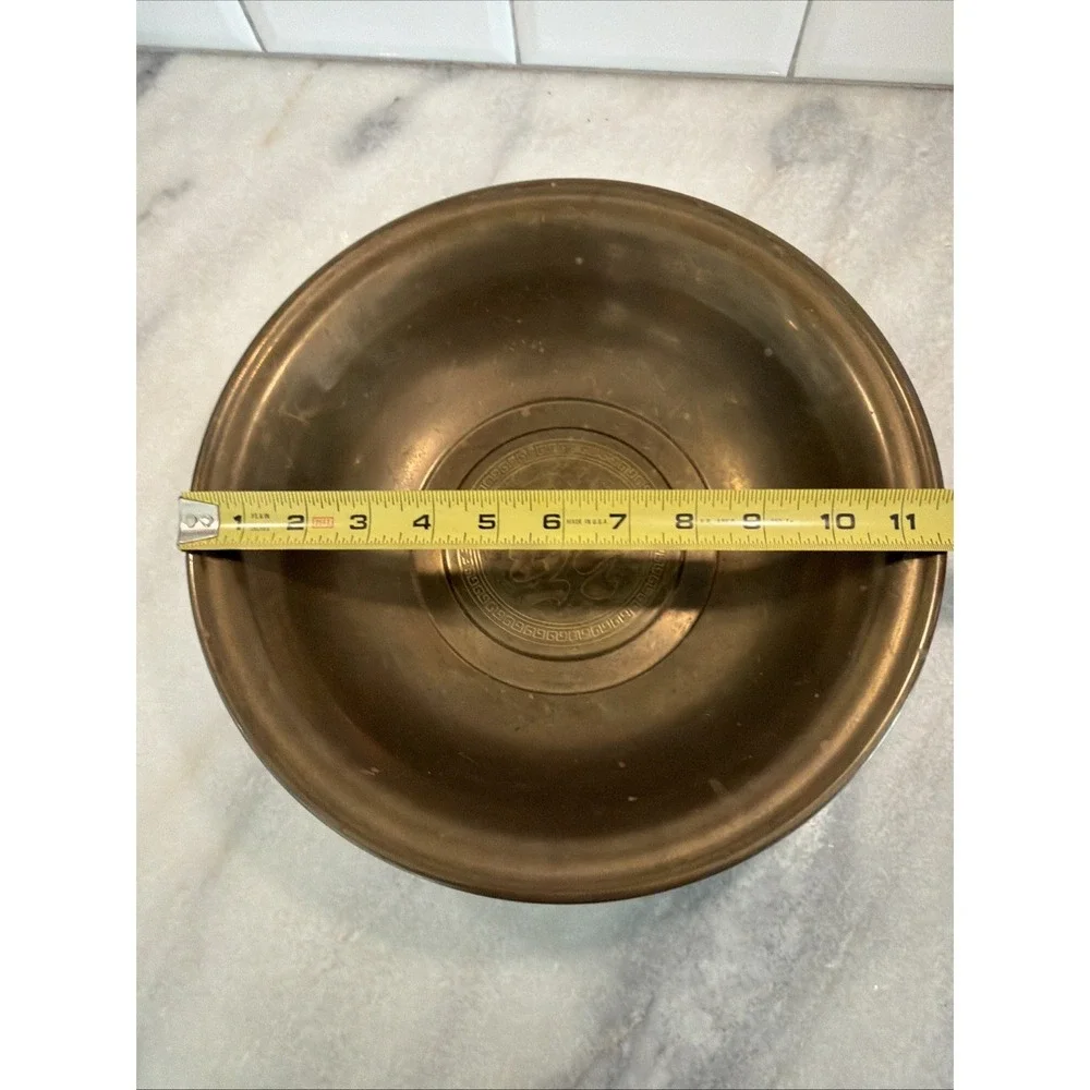 Vintage Footed Brass Bowl Etched Happiness Symbol 11 3/4